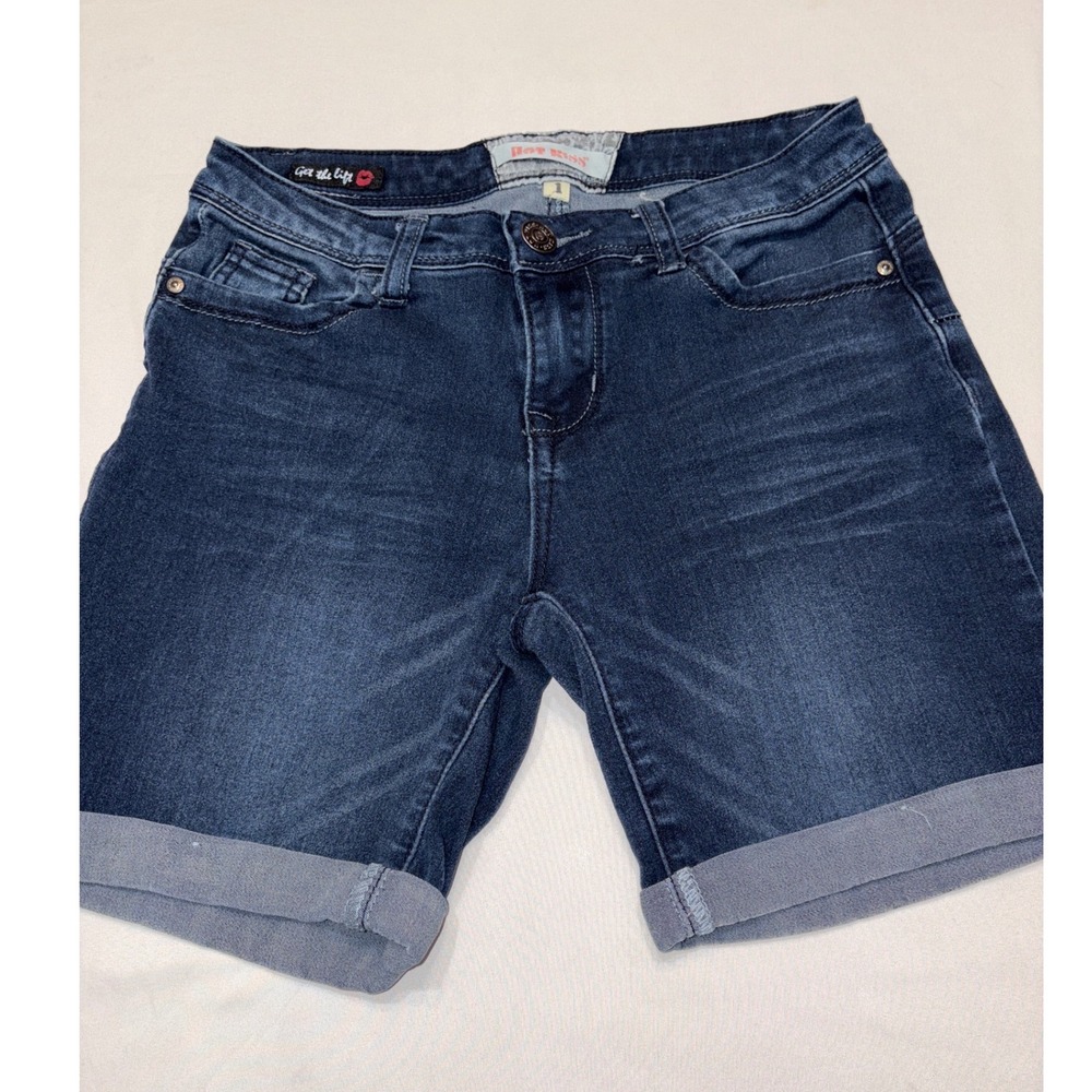 Hot Kiss Womens Denim Bermuda Shorts Dark Wash Cuffed Get The Lift HB7095EKI 1